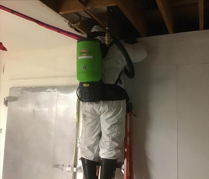 SERVPRO tech working on mould damage in ceiling