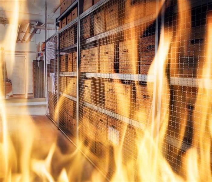 flames in a storage room of a warehouse