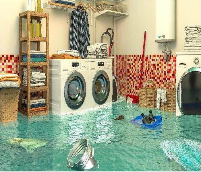 Flooded laundry room; personal possessions floating